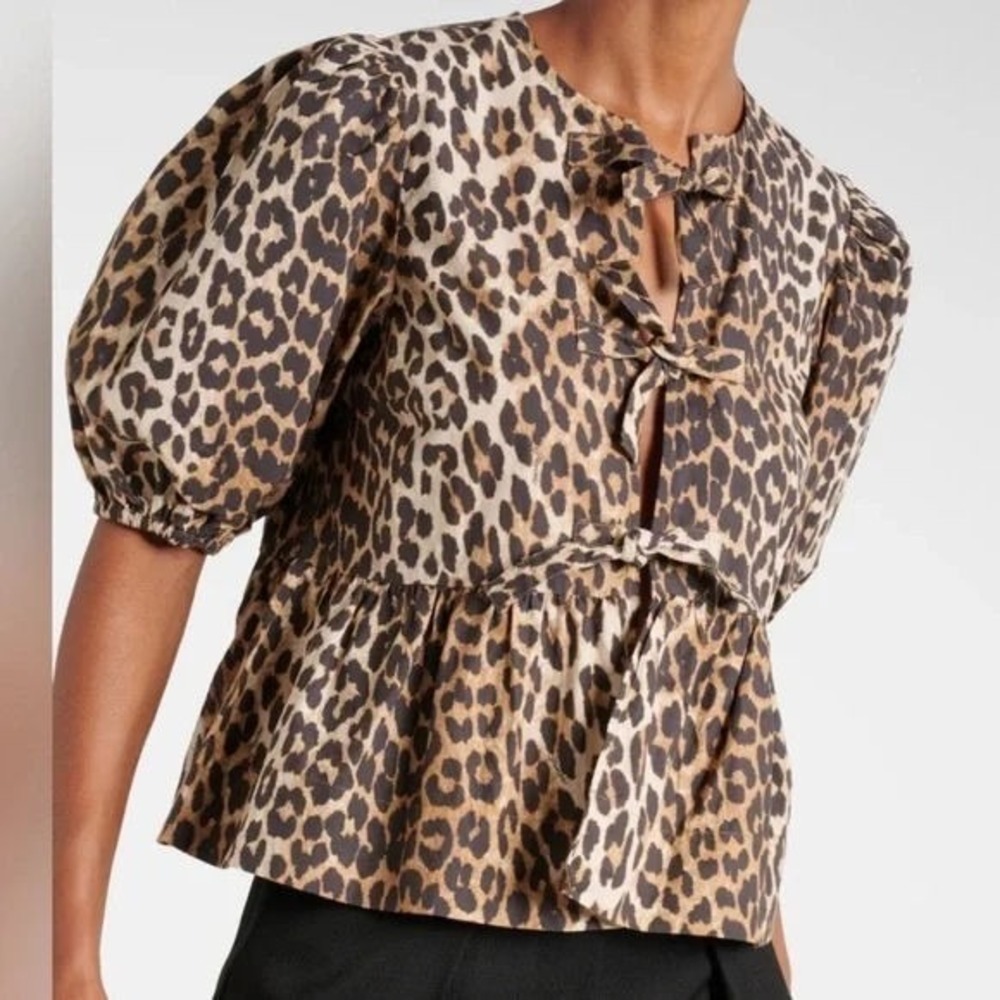 Kaktus Tie Front Leopard Print Balloon Sleeve Peplum Oversized Blouse - Large